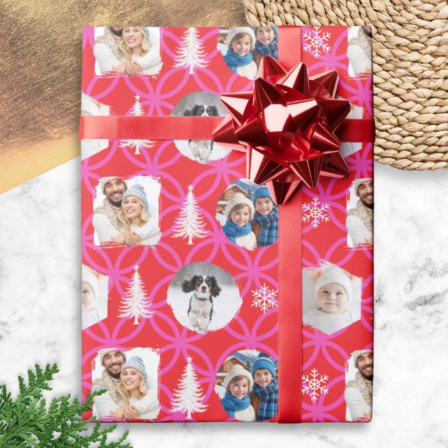 Custom Photo Red Christmas Holiday Geschenkpapier (Red Christmas wrapping paper with pink geometric pattern, personalized with four of your own photos)