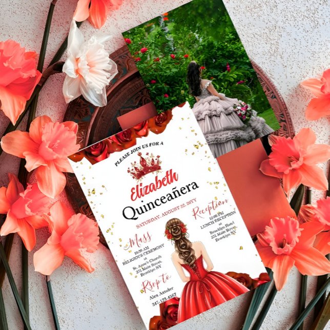 Custom Photo Royal Red Rose Quinceañera Invite Einladung (Von Creator hochgeladen)