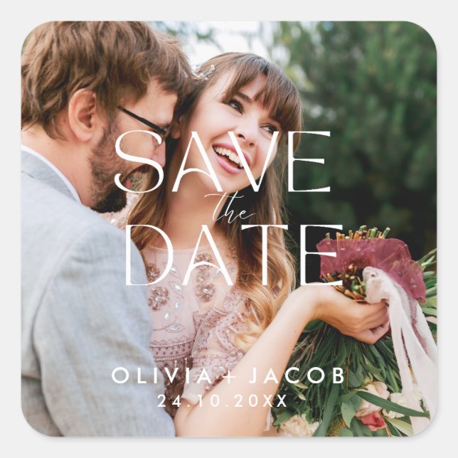 Custom Photo Save the Date with Couple Photo Quadratischer Aufkleber (Vorderseite)