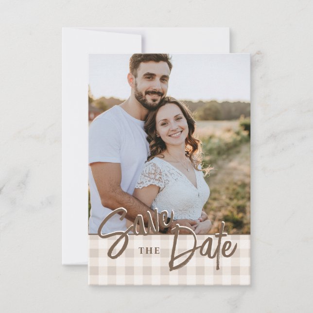 Custom Photo With Beige Gingham Save The Date (Vorderseite)