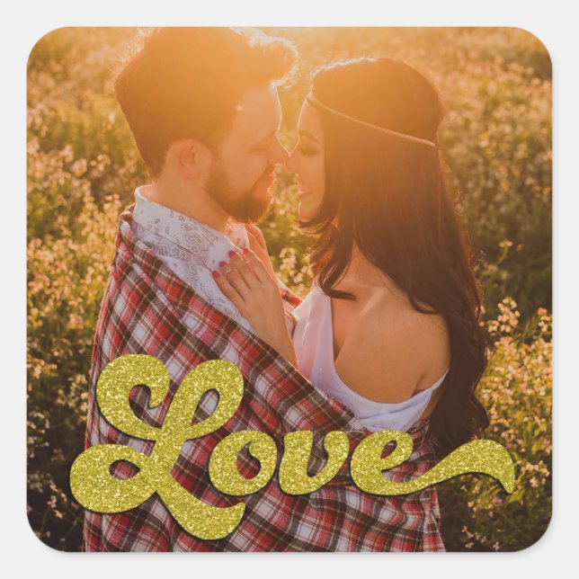 Custom Photo with Gold Love Overlay Quadratischer Aufkleber (Vorderseite)