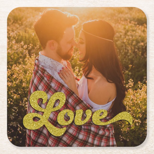 Custom Photo with Gold Love Overlay Rechteckiger Pappuntersetzer (Vorderseite)