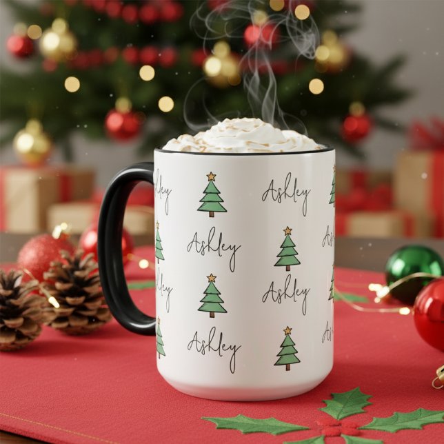 Custom Pine Tree Christmas Mug for Kids & Coworker Tasse (festive coffee lover · holiday mug favor · christmas hot chocolate mug · snow season mug ·)