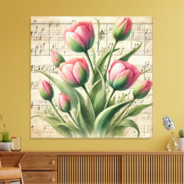 Custom Pink and Green Vintag Tulips Sheet Music Leinwanddruck