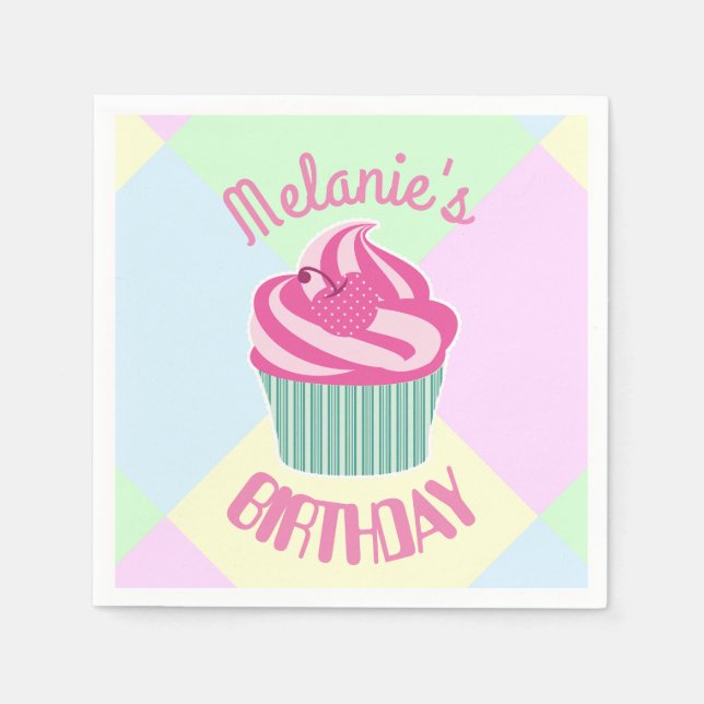 Custom Pink Birthday Cupcake Personalised Serviette (Vorderseite)