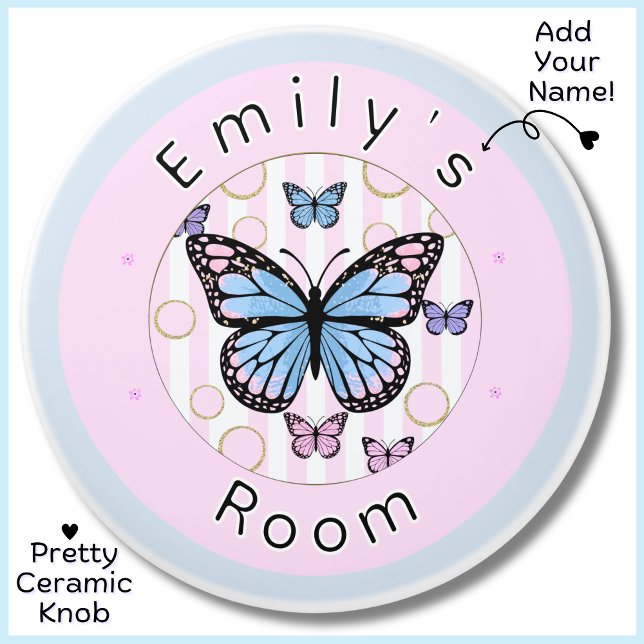 Custom Pink Blue Lila Butterfly Keramik Knoblauch Keramikknauf (A pretty custom name ceramic knob featuring butterflies in soft pink and blue, white and gold.)