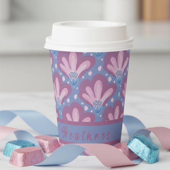 Custom Pink Blue Watercolor Floral Pappbecher (Pretty pink and blue with a custom area you can make your own. Goes with any party celebration )