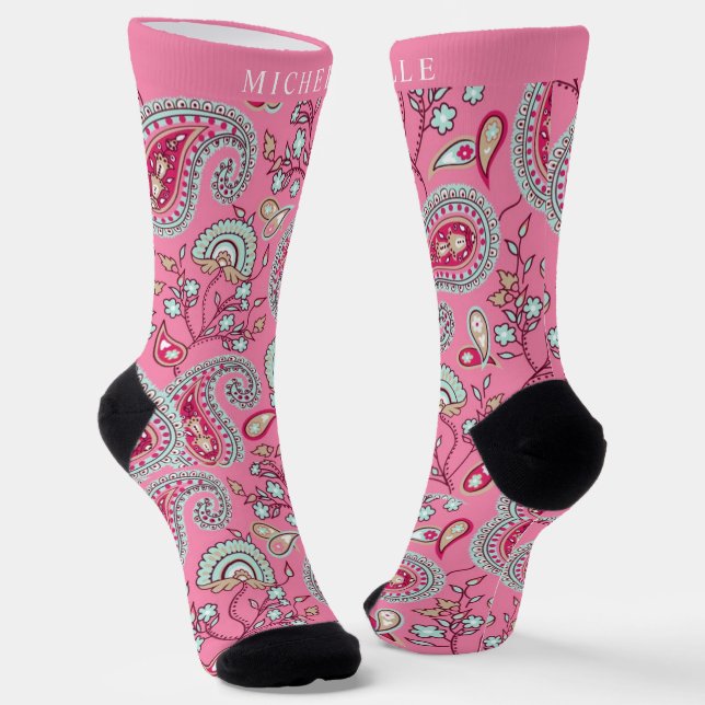 Custom Pink Blue White Paisley Muster Socken (Gewinkelt)