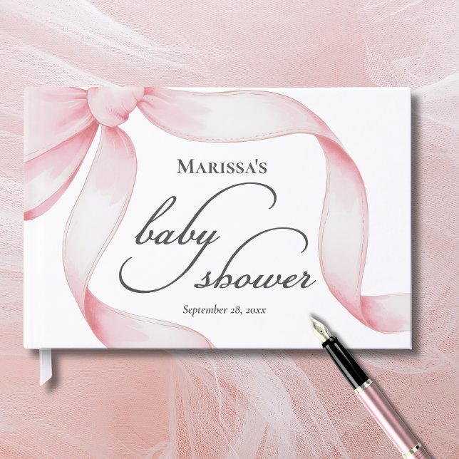 Custom Pink Bow Baby Shower Gästebuch (sweet girly coquette pink bow baby girl shower guest book with script calligraphy, custom name date)