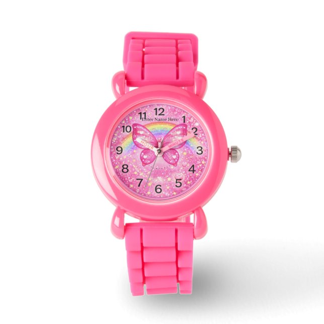 Custom Pink Butterfly Watch for Girls with Name Armbanduhr (Vorderseite)