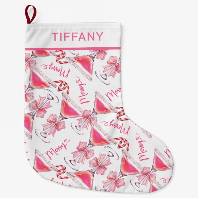 Custom Pink Candy Cane Martini Großer Weihnachtsstrumpf (Vorderseite)