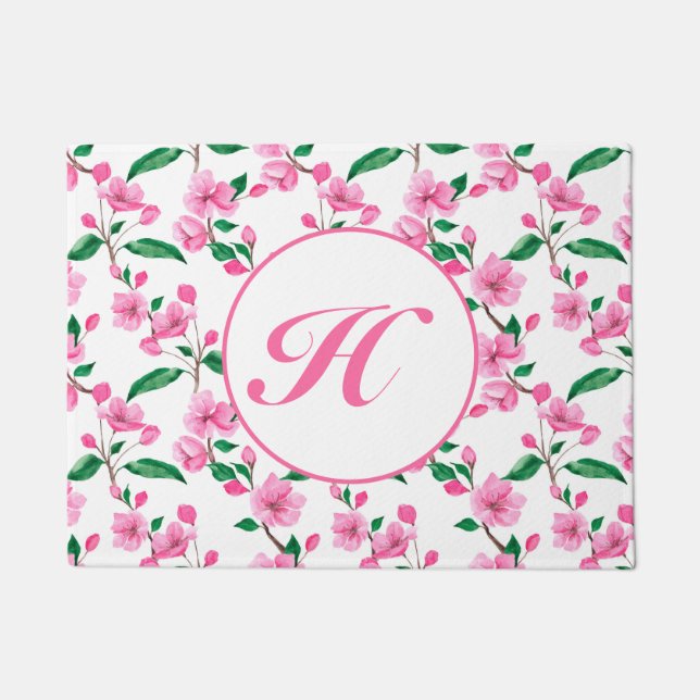 Custom Pink Cherry Blossom Floral Doormat Fußmatte (Vorderseite)