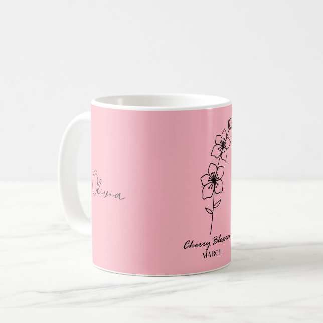 Custom Pink Cherry Blossom März Individuelle Name  Kaffeetasse (Vorderseite Links)