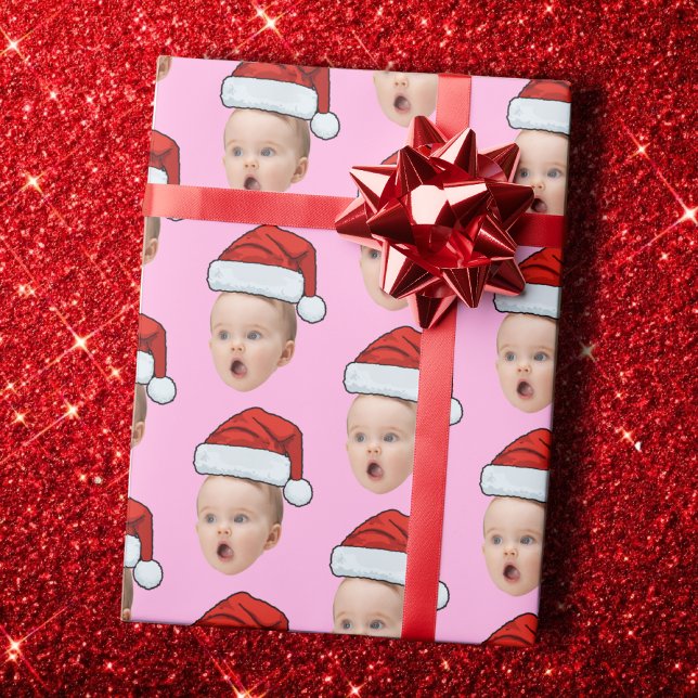 Custom Pink Christmas Face Photo Santa Hat  Geschenkpapier (Von Creator hochgeladen)