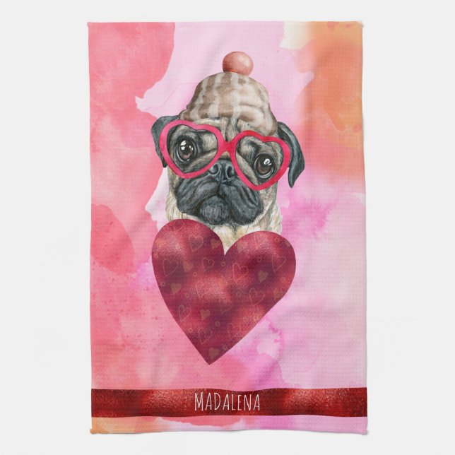 Custom Pink Dog Lover Valentine Gift Mops Geschirrtuch (Vertikal)