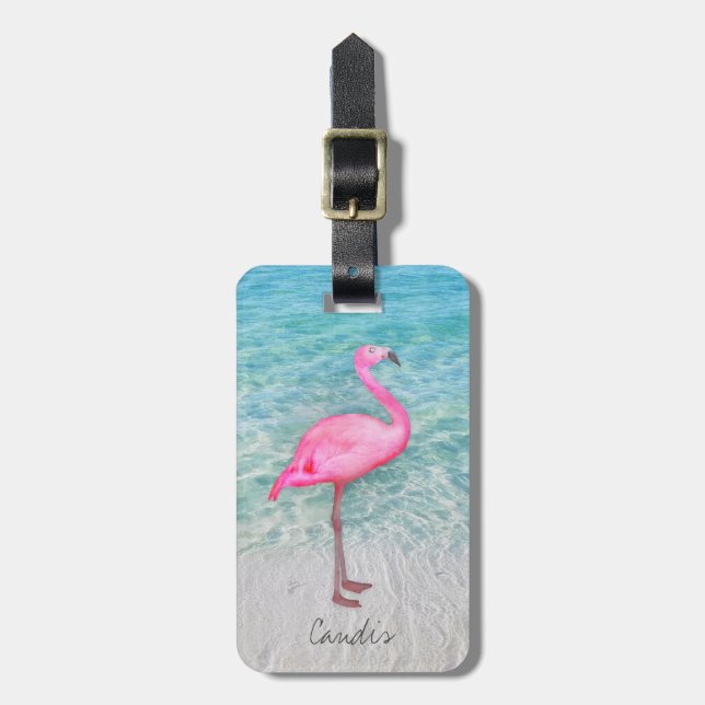Custom Pink Flamingo Tropical Sandy Beach Modern Gepäckanhänger (Vorderseite vertikal)