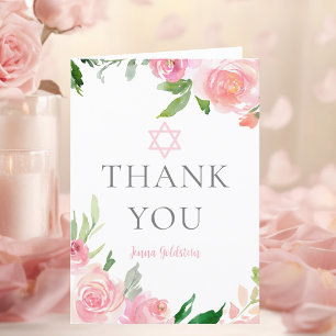 Custom Pink Floral Bat Mitzvah Party jüdisch Dankeskarte
