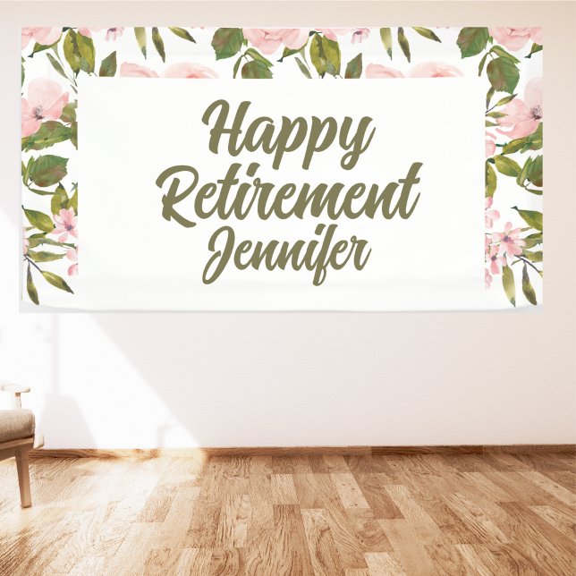 Custom Pink Floral Greenery Happy Retirement Party Banner (Von Creator hochgeladen)