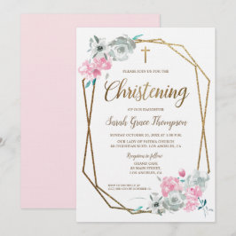 Custom Pink Floral Watercolor Baby Christening Einladung