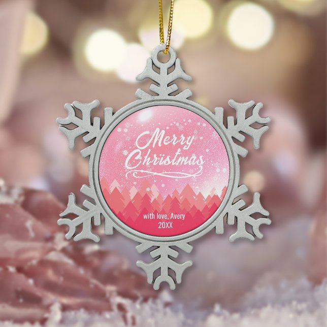 Custom Pink Friedlich Snow Forest Weihnachten 2022 Keramik Kugel-Ornament (Von Creator hochgeladen)