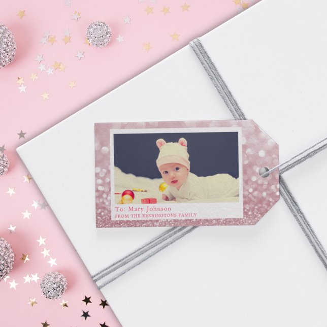 Custom Pink Funkelnd Baby Foto Geschenkanhänger (Baby Girl’s First Christmas Gift Tag)