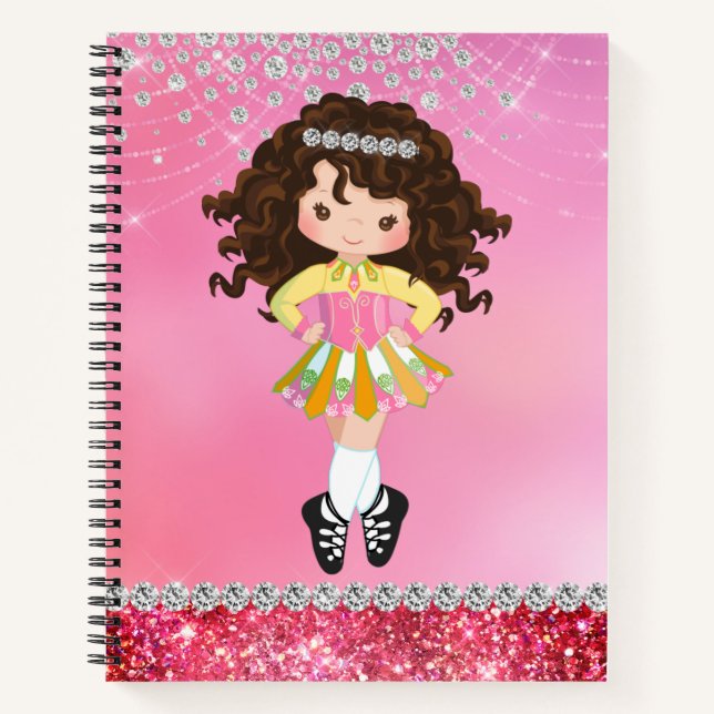 Custom Pink Glam Irish Dance Brünett Girl Notizbuch (Vorderseite)