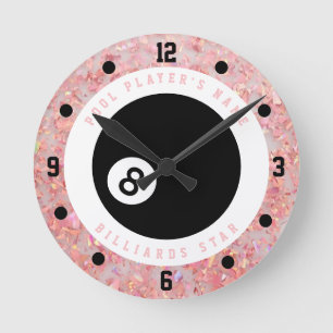 Custom Pink Glitzer Girls Billiards Billard Player Runde Wanduhr