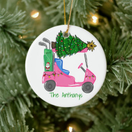 Custom Pink Golf Cart Santa Golf BagWeihnachtsbaum Keramik Ornament