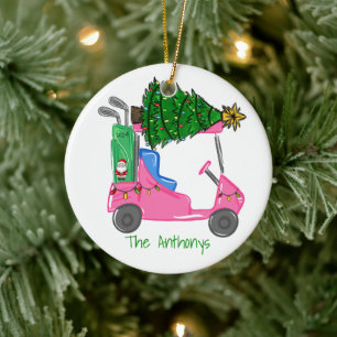 Custom Pink Golf Cart Santa Golf BagWeihnachtsbaum Keramik Ornament