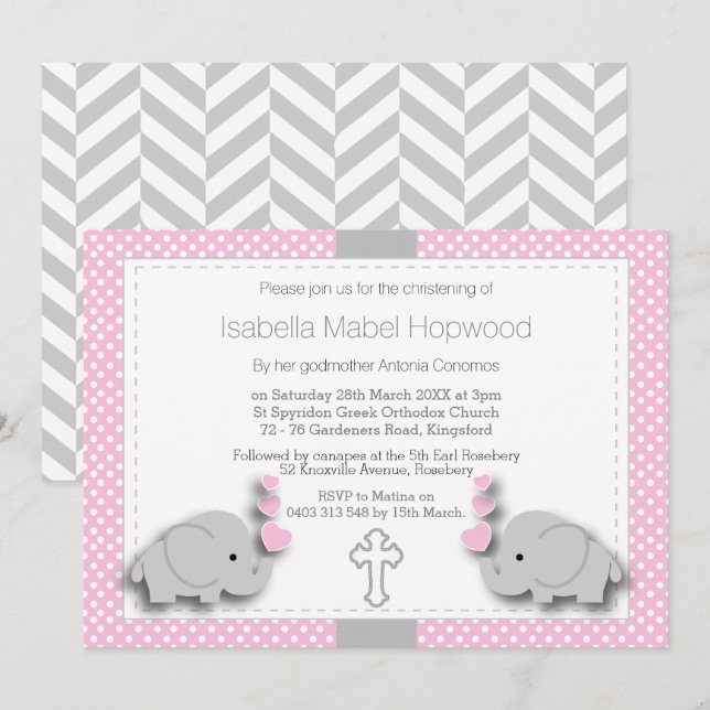 Custom-Pink & Gray Elephant 🐘 Baby - Christening Einladung (Vorne/Hinten)