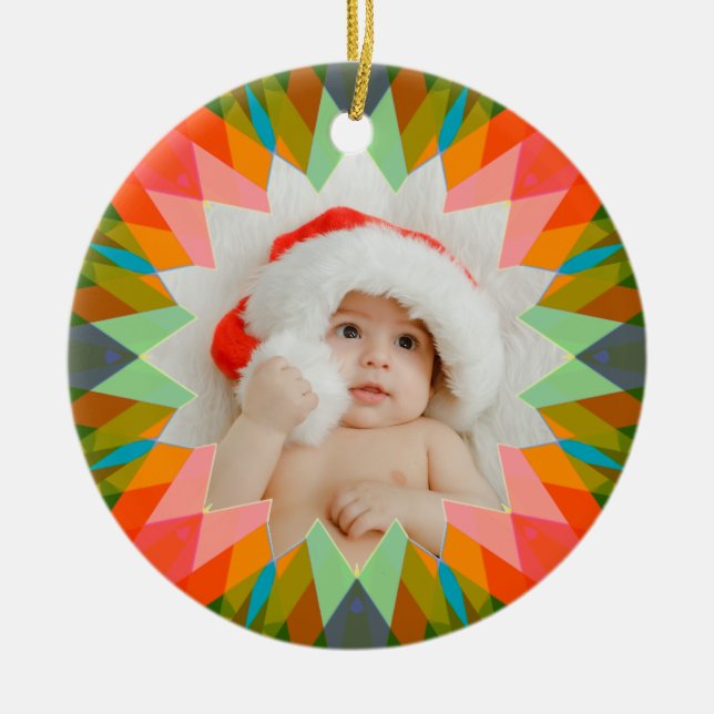 Custom Pink Green Christmas Star Photo Gift Tree Keramik Ornament (Vorne)