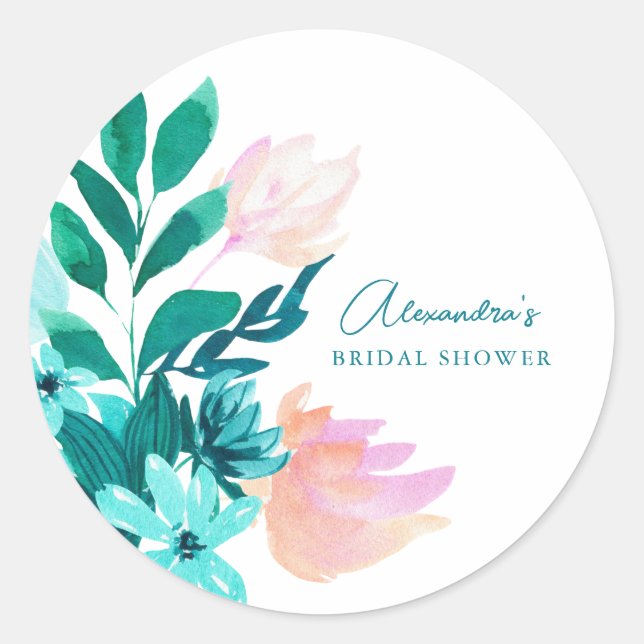 Custom Pink Green Watercolor Floral Brautparty Runder Aufkleber (Vorderseite)