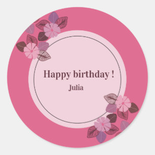 Custom pink happy birthday floral girl   runder aufkleber