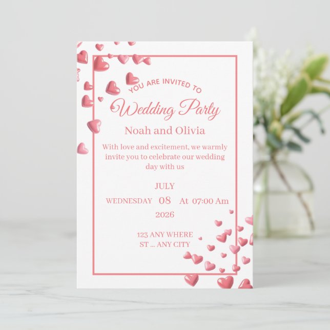 Custom Pink Heart Wedding Invitation Card Einladung (Stehend Vorderseite)