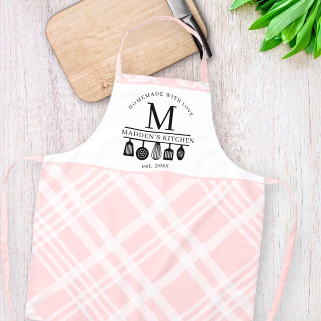 Custom Pink Kariert Kitchen Whisk Utensik Monogram Schürze (Von Creator hochgeladen)