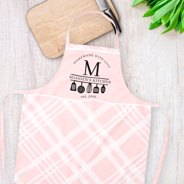 Custom Pink Kariert Kitchen Whisk Utensik Monogram Schürze (Von Creator hochgeladen)