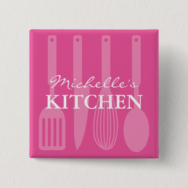Custom pink kitchen utensils name badge buttons