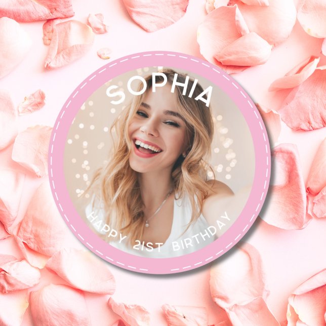 Custom Pink Modern 21. Geburtstag Foto Runder Aufkleber (Custom Pink Modern 21st Birthday Photo Classic Round Sticker)