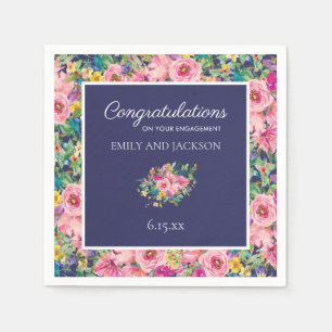 Custom Pink Navy Blue Watercolor Floral Verlobung Serviette