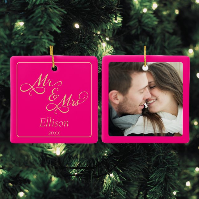Custom Pink Newlyple Keramikornament (hot pink Mr and Mrs christmas ornament for newlywed couples, our first married christmas,elegant)