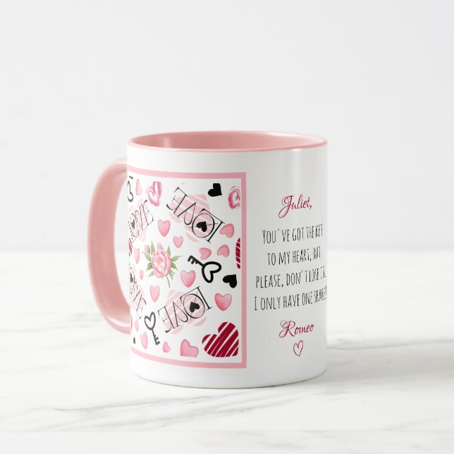 Custom Pink Peony Hearts Liebe Valentinstag Tasse (Vorderseite Links)