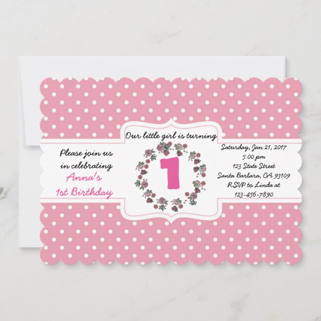 Custom Pink Polka Dot 1. Geburtstag Einladungskart Einladung (Vorderseite)