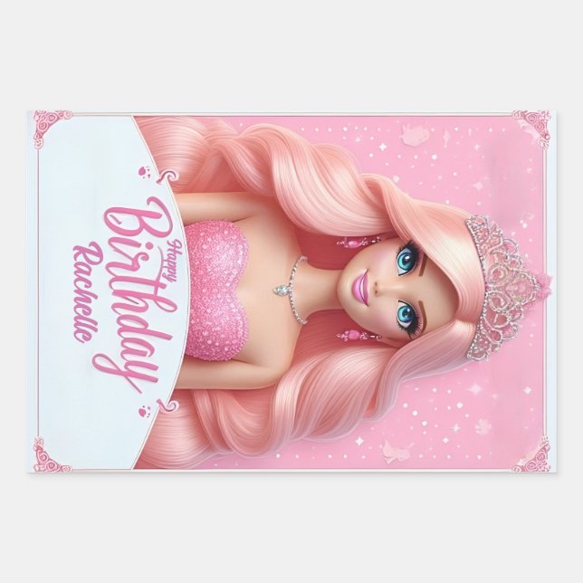 Custom Pink Princess Happy Birthday Geschenkpapier Set (Vorderseite)