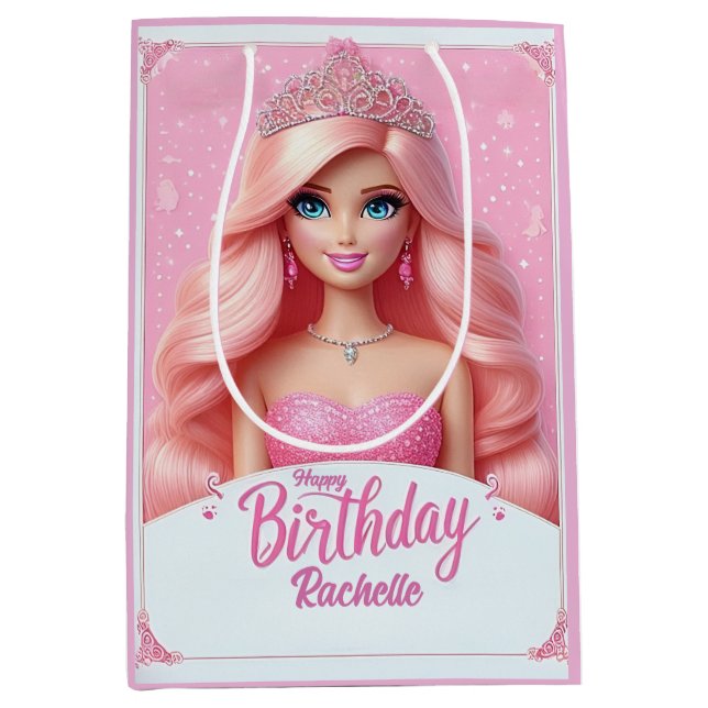Custom Pink Princess Happy Birthday Mittlere Geschenktüte (Vorderseite)