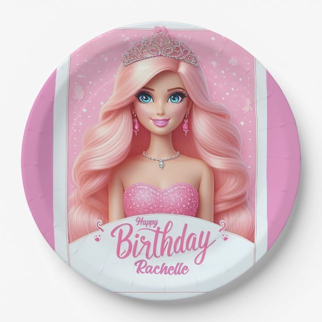 Custom Pink Princess Happy Birthday Pappteller (Vorderseite)