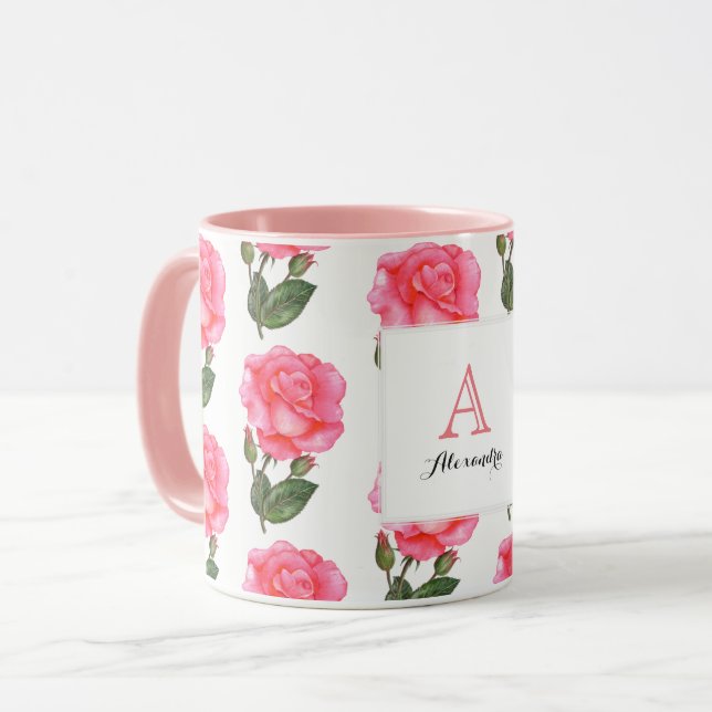 Custom Pink Roses Floral Art Monogramm Weiß Tasse (Vorderseite Links)