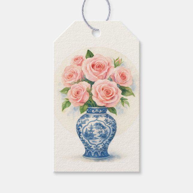 Custom Pink Roses in a Chinoiserie Vase Geschenkanhänger (Vorderseite)