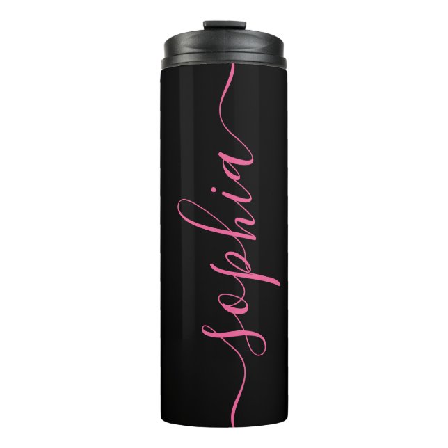 Custom Pink Script Name Black Thermal Tumbler Thermosbecher (Vorderseite)