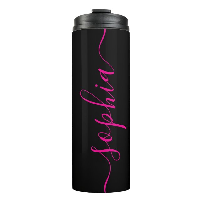 Custom Pink Script Name Black Thermal Tumbler Thermosbecher (Vorderseite)