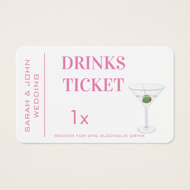 Custom Pink Simple Drink Ticket Hochzeit Empfang (Vorderseite)